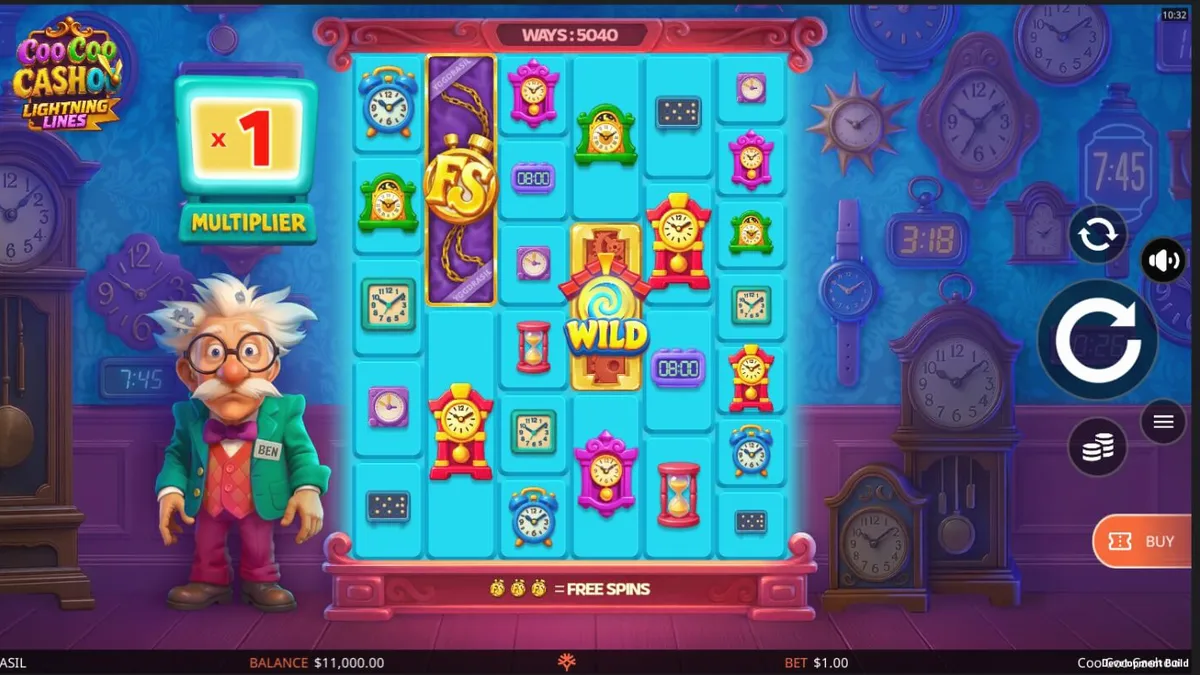 Interface do slot Coo Coo Cashoo com relógios e o inventor Ben