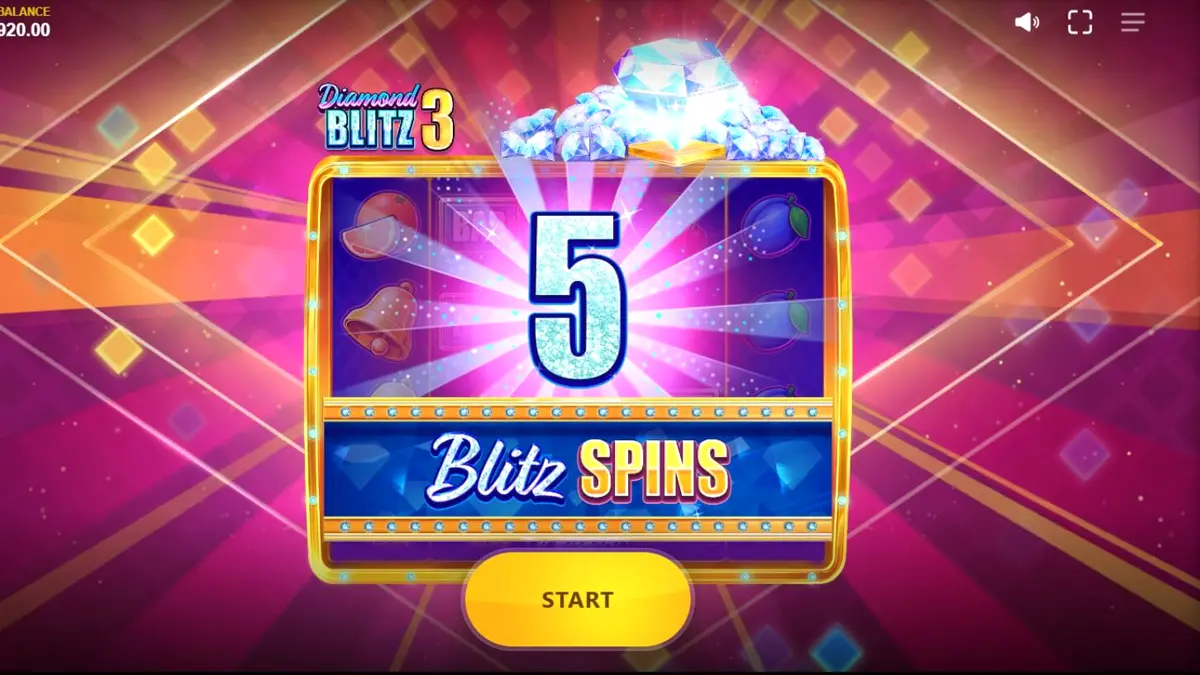 Interface do jogo Diamond Blitz 3 com símbolos brilhantes e multiplicadores ativos